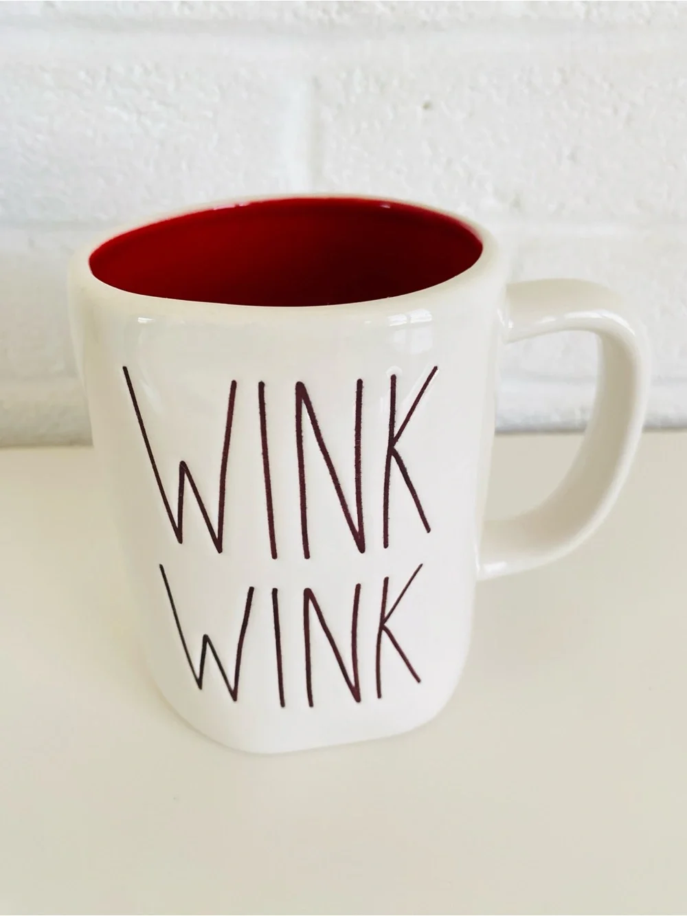 Rae Dunn WINK WINK White Ceramic Mug with Red Interior Farmhouse Cottagecore